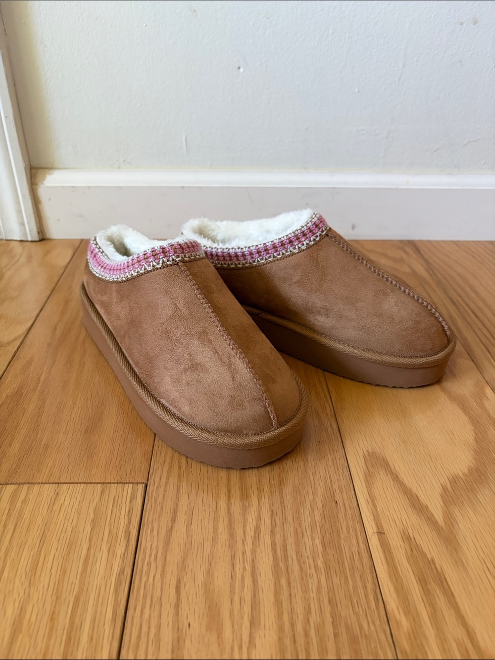 fabKids Tan Faux-Suede Slip-Ons with Pink Trim size 4
